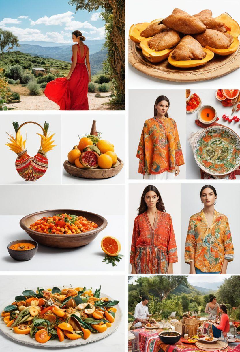 A vibrant collage depicting the latest trends in Tuano lifestyle: trendy fashion pieces, traditional culinary dishes, local artisans at work, and serene natural landscapes showcasing cultural richness. Bright colors invoke a sense of energy and excitement. Include elements like traditional textiles, modern design, and community gatherings. super-realistic. vibrant colors. white background.