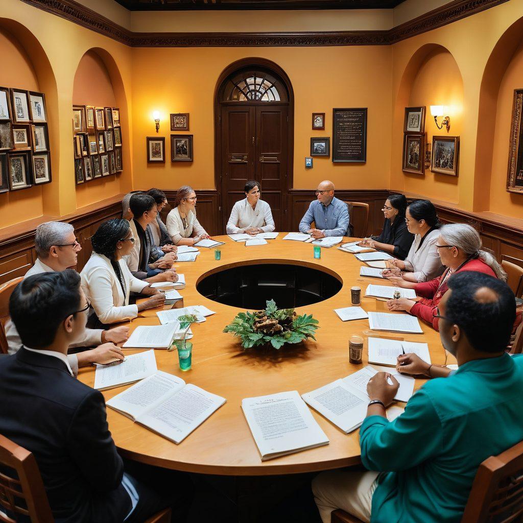 An inviting roundtable setting with diverse individuals passionately discussing Tuano culture, surrounded by books and resources about Tuano heritage. The background should showcase elements of Tuano art and architecture, while incorporating vibrant colors that evoke a sense of community and engagement. Add warm lighting to enhance the atmosphere, making it feel welcoming and informative. super-realistic. vibrant colors. soft focus.