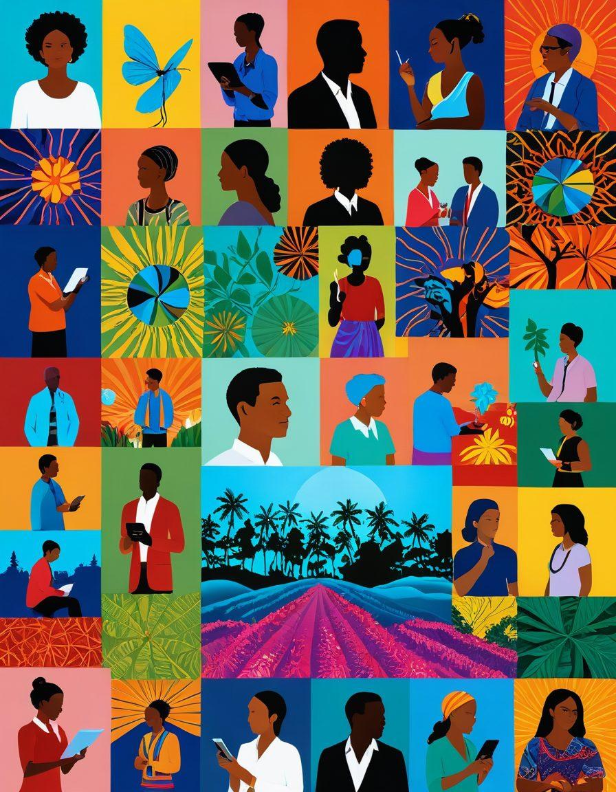 A vibrant collage showcasing diverse individuals from the Tuano Community engaging in various activities such as technology discussions, cultural events, and nature explorations. The background features dynamic patterns representing innovation and tradition blending together. Include symbolic elements like digital devices, art, and nature. Bright, uplifting colors to reflect a sense of community and vibrancy. super-realistic. colorful. dynamic.